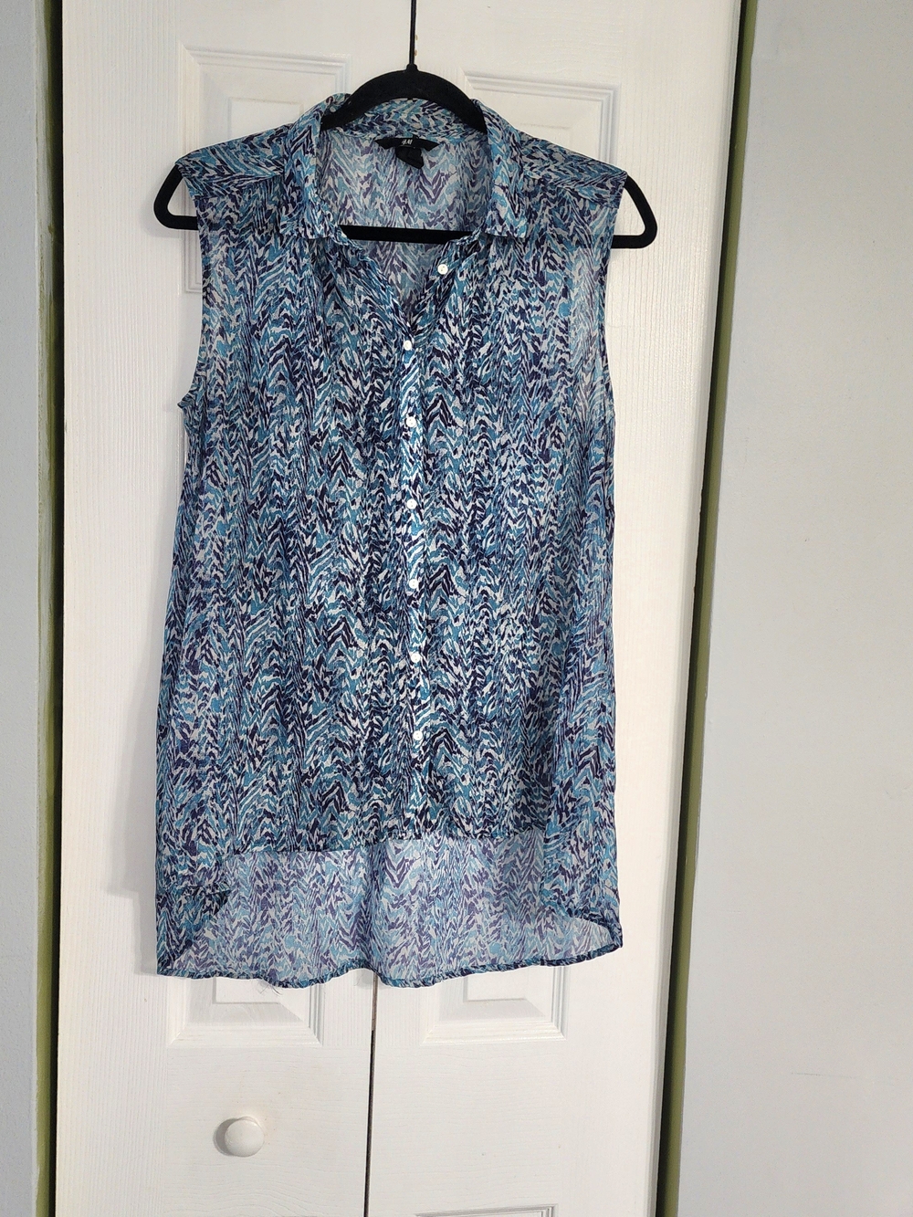 Officecore Sleeveless Blue Patterned Button-Down Tunic Semi Sheer Size 12